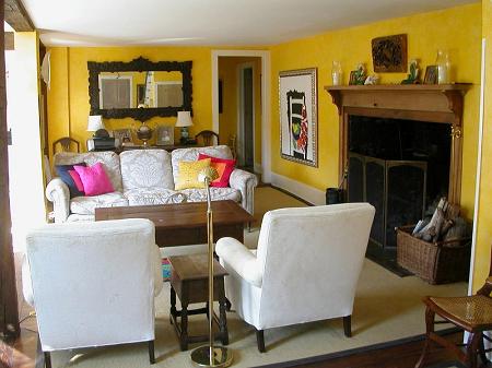 Living Room with fireplace - views of pond and gardens
