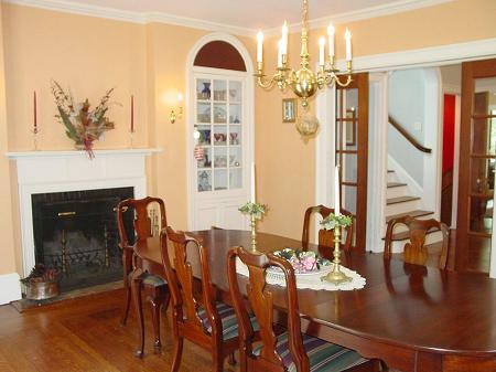 Formal Dining Room with fireplace & built-ins - bluestone patio access