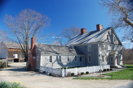 View of the 1700's era physic (medicinal) garden, courtyard, ell. and barn.